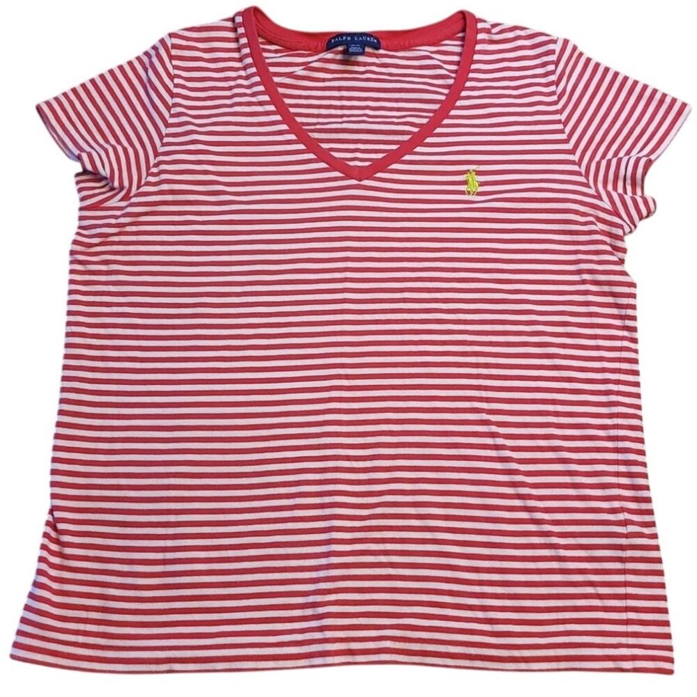 Ralph Lauren Red Stripe V Neck Tee M Preppy Picnic EUC
